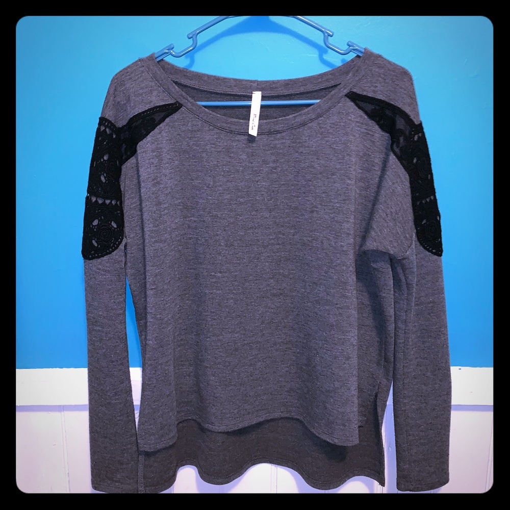 Gray Sweater with Black Lace Shoulder Detail